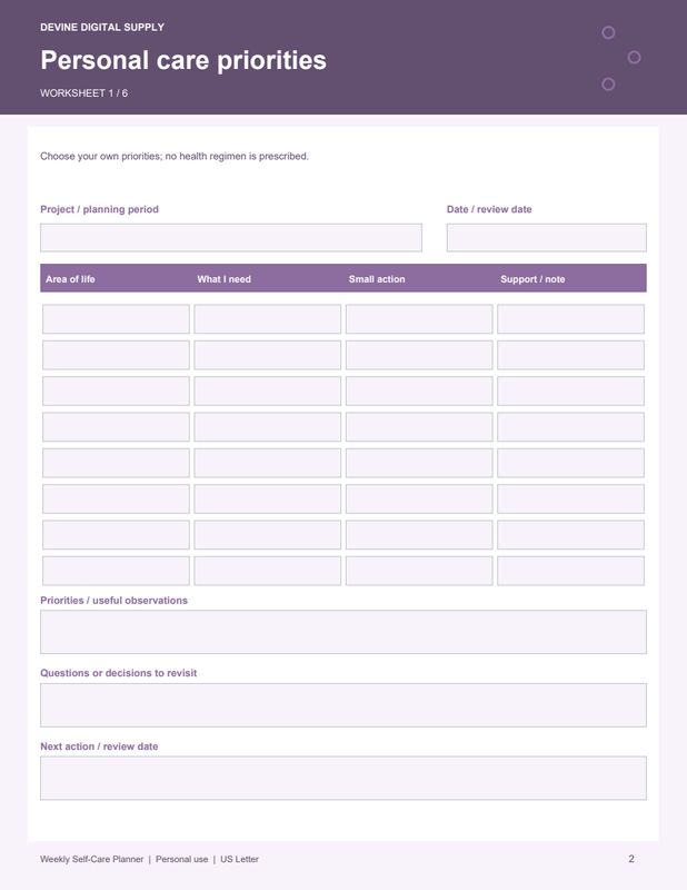 Weekly Self-Care Planner | Fillable PDF Kit worksheet preview 1