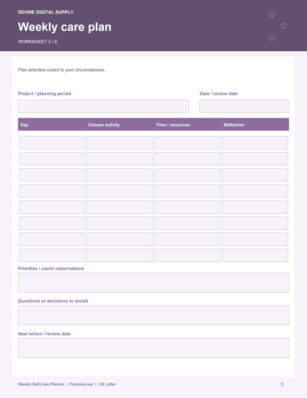 Weekly Self-Care Planner | Fillable PDF Kit worksheet preview 2