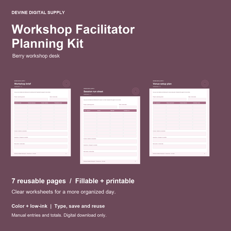 Workshop Facilitator Planning Kit | Fillable PDF + Low-Ink Kit cover with actual page previews