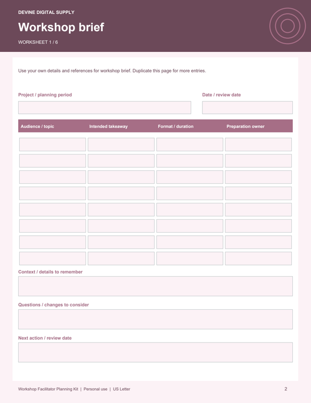 Workshop Facilitator Planning Kit | Fillable PDF + Low-Ink Kit worksheet preview 1