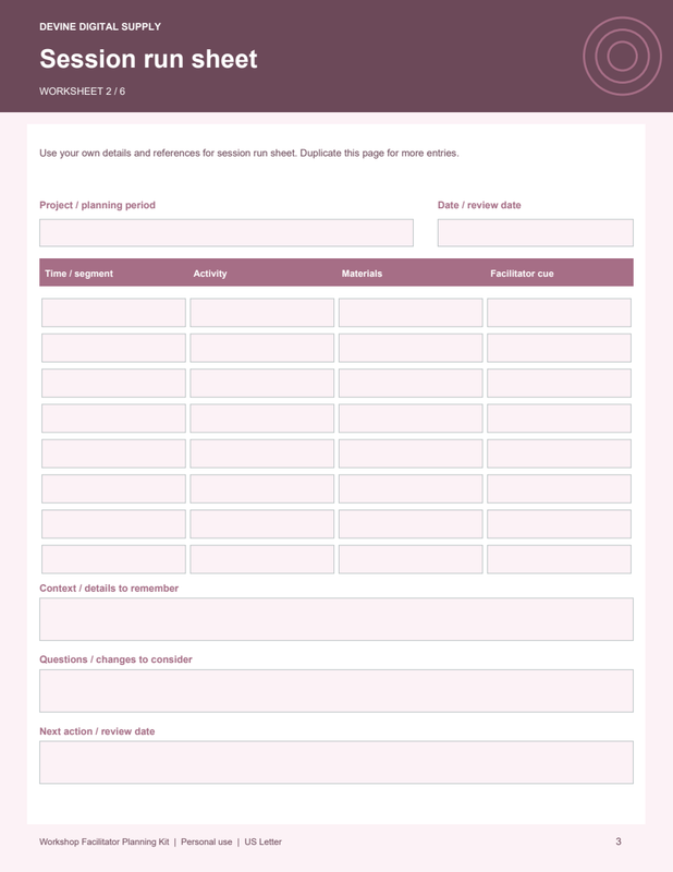 Workshop Facilitator Planning Kit | Fillable PDF + Low-Ink Kit worksheet preview 2