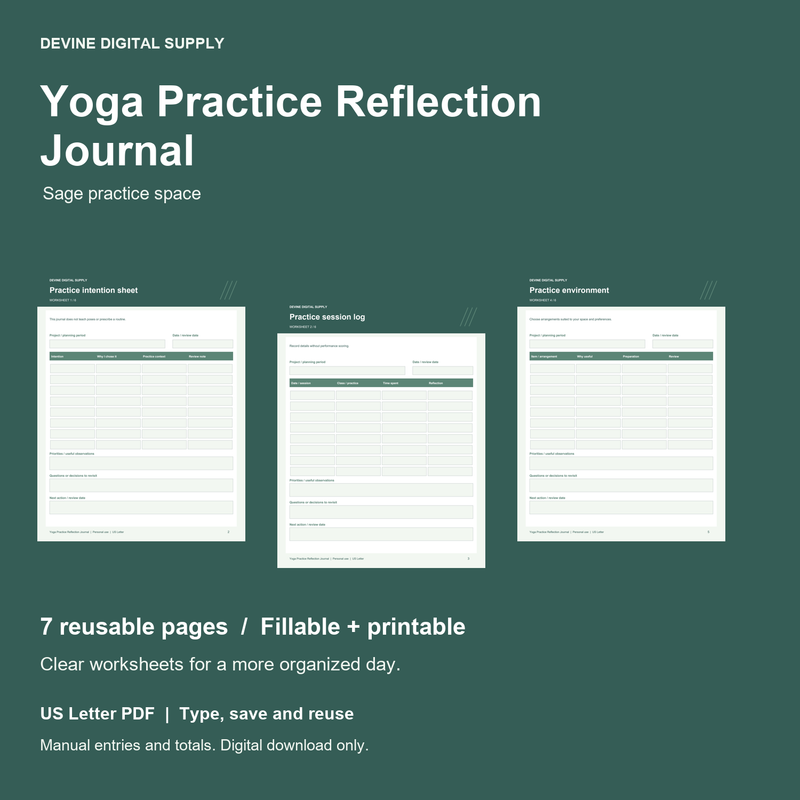 Yoga Practice Reflection Journal | Fillable PDF Kit cover with actual page previews